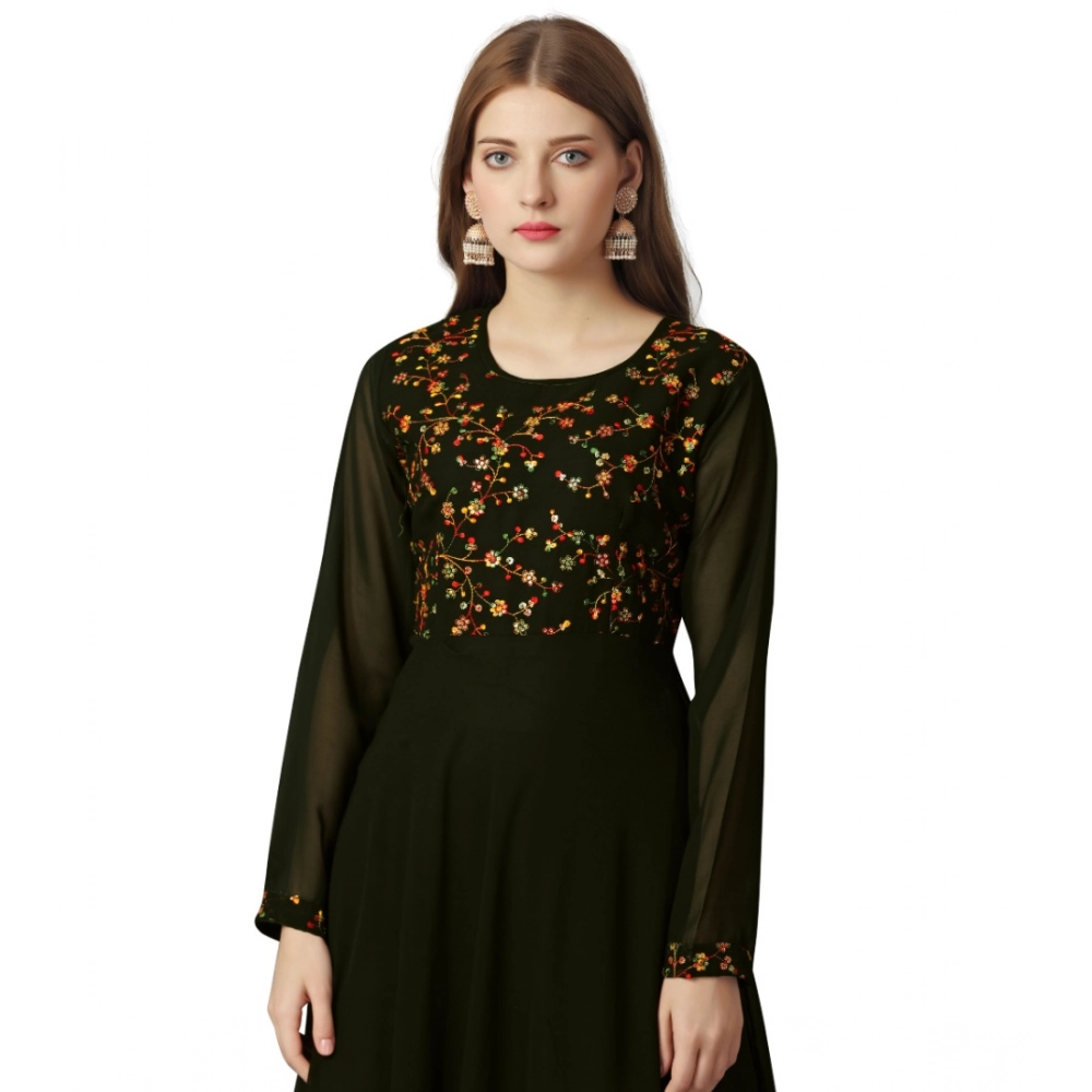 Women's Georgette Embroidered Full Sleeve Round Neck Gown (Mehendi) - Image 3