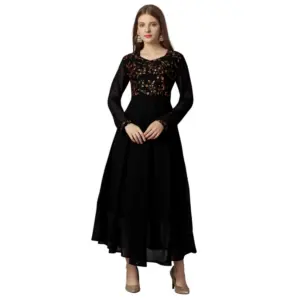 Women's Georgette Embroidered Full Sleeve Round Neck Gown (Black)