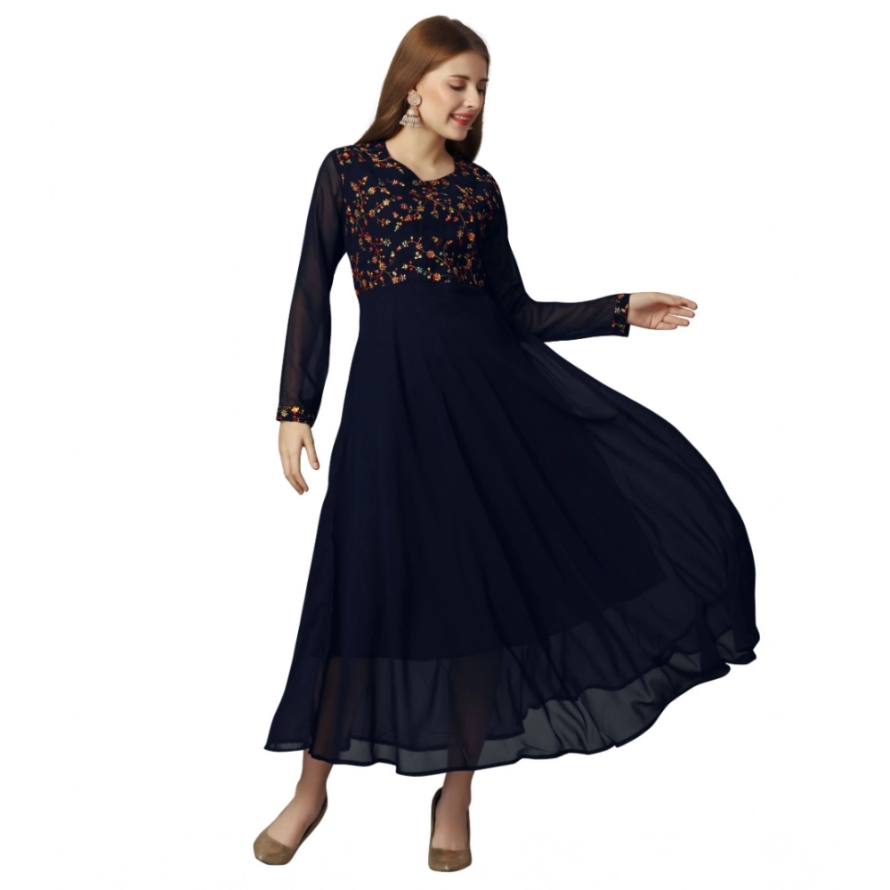 Women's Georgette Embroidered Full Sleeve Round Neck Gown (Navy Blue ) - Image 3