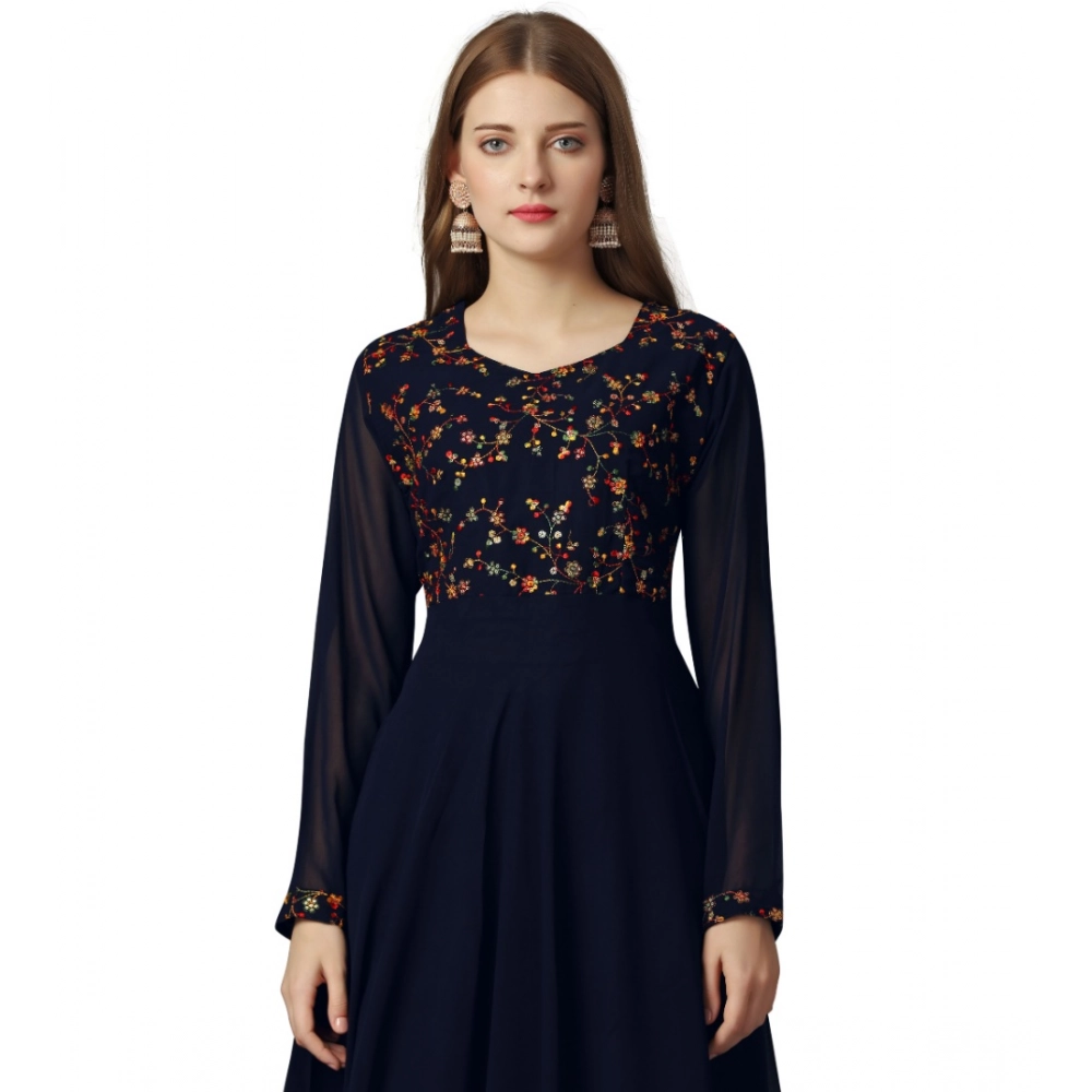 Women's Georgette Embroidered Full Sleeve Round Neck Gown (Navy Blue ) - Image 4