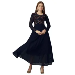 Women's Georgette Embroidered Full Sleeve Round Neck Gown (Navy Blue )