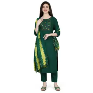 Women's Cotton Blend Embroidered 3-4 th Sleeve Round Neck Kurti With Pant Dupatta Set (Green)