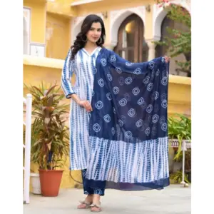 Women's Cotton Printed 3-4 th Sleeve V Neck Kurti With Pant Dupatta Set (Blue)