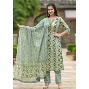 Women's Cotton Printed 3-4 th Sleeve V Neck Kurti With Pant Dupatta Set (Green)