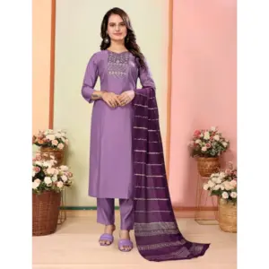Women's Silk Embroidered 3-4 th Sleeve Sweetheart Neck Kurti With Pant Dupatta Set (Lavender)