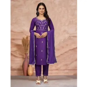 Women's Cotton Blend Embroidered 3-4 th Sleeve Sweetheart Neck Kurti With Pant Dupatta Set (Purple )