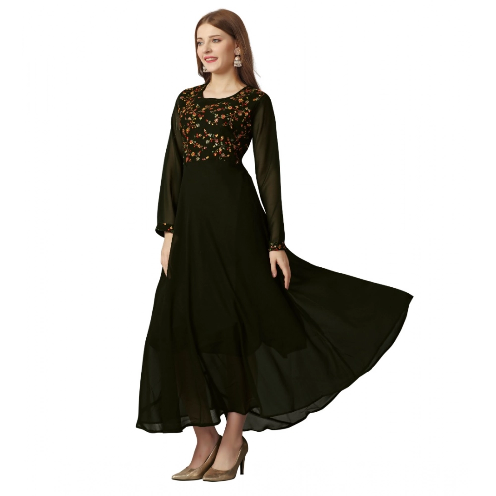 Women's Georgette Embroidered Full Sleeve Round Neck Gown (Mehendi) - Image 4