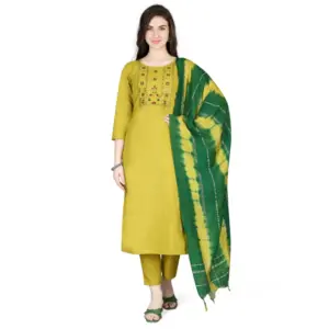 Women's Cotton Blend Embroidered 3-4 th Sleeve Round Neck Kurti With Pant Dupatta Set (Yellow)