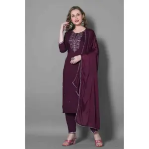 Women's Silk Blend Embroidered 3-4 th Sleeve Round Neck Kurti With Pant Dupatta Set (Purple)
