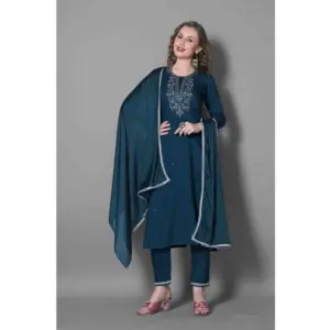 Women's Silk Blend Embroidered 3-4 th Sleeve Round Neck Kurti With Pant Dupatta Set (Blue)