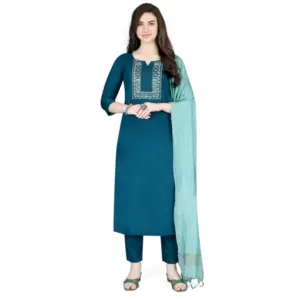 Women's Cotton Blend Embroidered 3-4 th Sleeve V Neck Kurti With Pant Dupatta Set (Indigo)