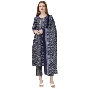 Women's Cotton Blend Printed 3-4 th Sleeve Round Neck Kurti With Pant Dupatta Set (Navy Blue)