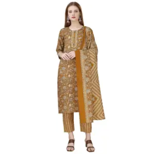 Women's Cotton Blend Printed 3-4 th Sleeve Round Neck Kurti With Pant Dupatta Set (Yellow)