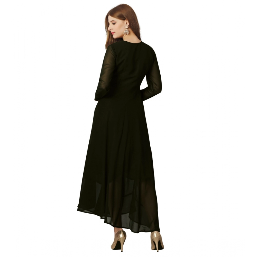 Women's Georgette Embroidered Full Sleeve Round Neck Gown (Mehendi) - Image 5