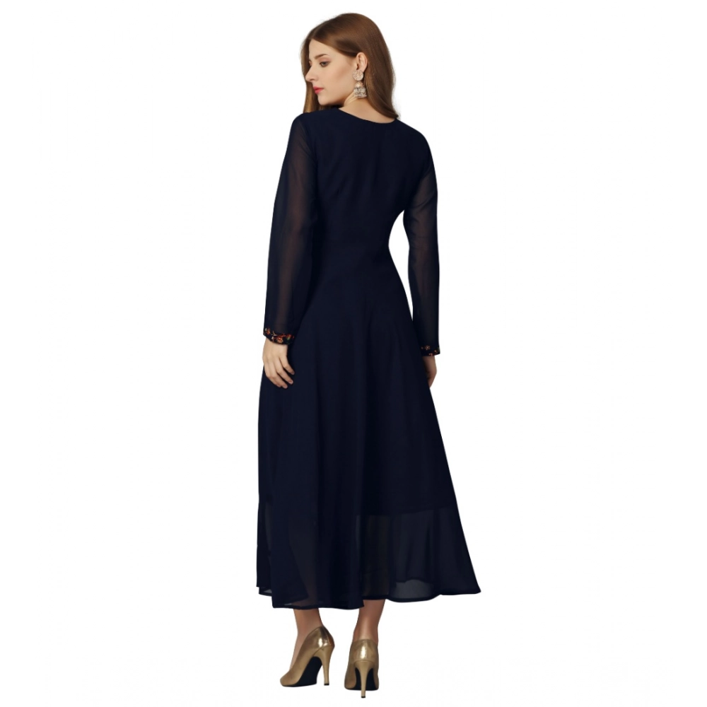 Women's Georgette Embroidered Full Sleeve Round Neck Gown (Navy Blue ) - Image 5
