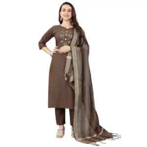 Women's Cotton Blend Mirror Work 3-4 th Sleeve Sweetheart Neck Kurti With Pant Dupatta Set (Brown)