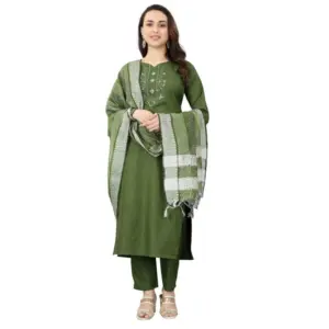 Women's Cotton Blend Mirror Work 3-4 th Sleeve Sweetheart Neck Kurti With Pant Dupatta Set (Mehendi green)