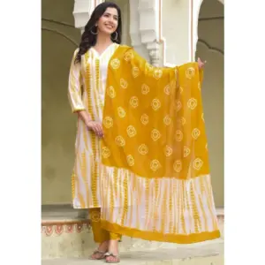 Women's Cotton Printed 3-4 th Sleeve V Neck Kurti With Pant Dupatta Set (Yellow)