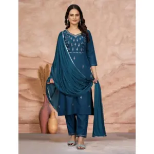 Women's Cotton Blend Embroidered 3-4 th Sleeve Sweetheart Neck Kurti With Pant Dupatta Set (Blue)
