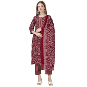 Women's Cotton Blend Printed 3-4 th Sleeve Round Neck Kurti With Pant Dupatta Set (Maroon)