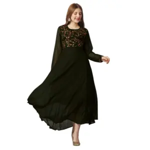 Women's Georgette Embroidered Full Sleeve Round Neck Gown (Mehendi)