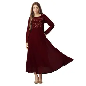 Women's Georgette Embroidered Full Sleeve Round Neck Gown (Maroon)