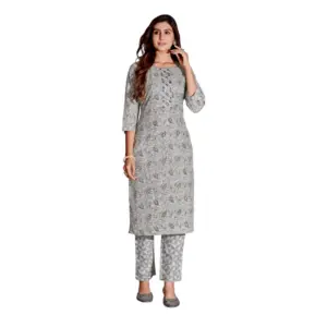 Women's Cotton Blend Foil Print - Mirror Work 3-4 th Sleeve Round Neck Kurti With Pant Set (Grey)