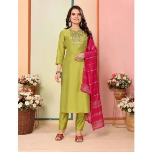 Women's Silk Embroidered 3-4 th Sleeve Sweetheart Neck Kurti With Pant Dupatta Set (Green)