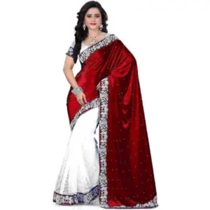 Women's Velvet-Net Embroidered Saree With Unstitched Blouse (5.5Mtr, Maroon)