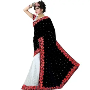 Women's Velvet Embroidered Bollywood Saree With Unstitched Blouse (5.5Mtr, Blue)