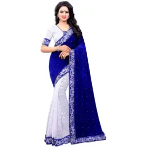 Women's Velvet Embellished Saree With Unstitched Blouse (5.5Mtr, Blue-White)