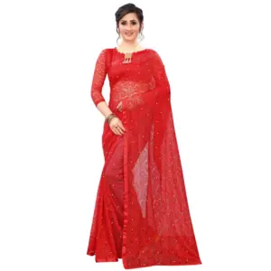 Women's Velvet Embellished Bollywood Saree With Unstitched Blouse (5.5Mtr, Red)