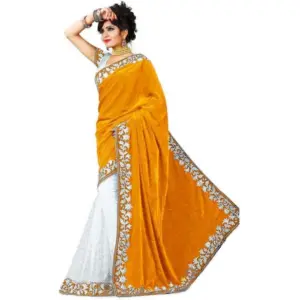 Women's Velvet Embellished Bollywood Saree With Unstitched Blouse (5.5Mtr, Yellow)