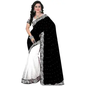 Women's Velvet-Net Embroidered Saree With Unstitched Blouse (5.5Mtr, White-Black)