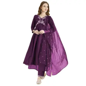Women's Vichitra Embroidery 3-4th Sleeve V Neck Alia Cut Kurti Set With Dupatta (Wine)
