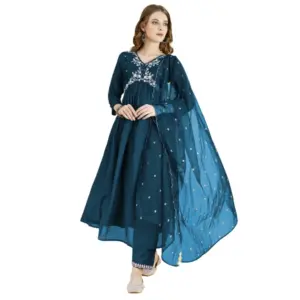 Women's Vichitra Embroidery 3-4th Sleeve V Neck Alia Cut Kurti Set With Dupatta (Blue)