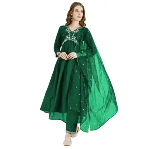 Women's Vichitra Embroidery 3-4th Sleeve V Neck Alia Cut Kurti Set With Dupatta (Green)