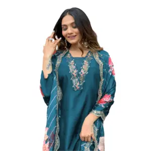 Women's Viscose Rayon Embroidery 3-4th Sleeve V Neck Kurti Set With Dupatta (Turquoise Blue)