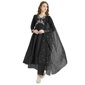 Women's Vichitra Embroidery 3-4th Sleeve V Neck Alia Cut Kurti Set With Dupatta (Black)