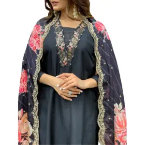 Women's Viscose Rayon Embroidery 3-4th Sleeve V Neck Kurti Set With Dupatta (Black)