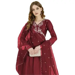 Women's Vichitra Embroidery 3-4th Sleeve V Neck Alia Cut Kurti Set With Dupatta (Maroon)