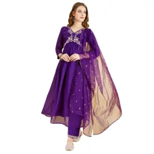 Women's Vichitra Embroidery 3-4th Sleeve V Neck Alia Cut Kurti Set With Dupatta (Purple)