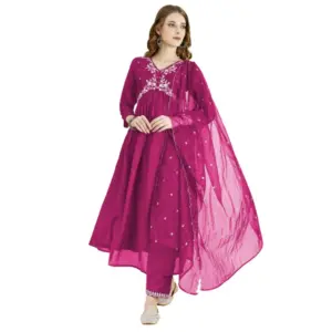 Women's Vichitra Embroidery 3-4th Sleeve V Neck Alia Cut Kurti Set With Dupatta (Rani)