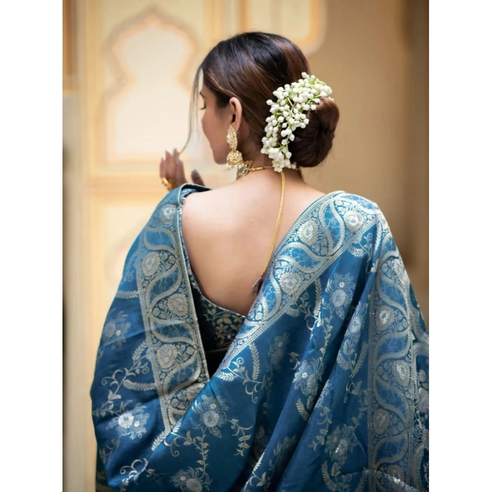 Women's Art Silk Embellished Kanjivaram Saree With Unstitched Blouse (5.5Mtr, Rama) - Image 3