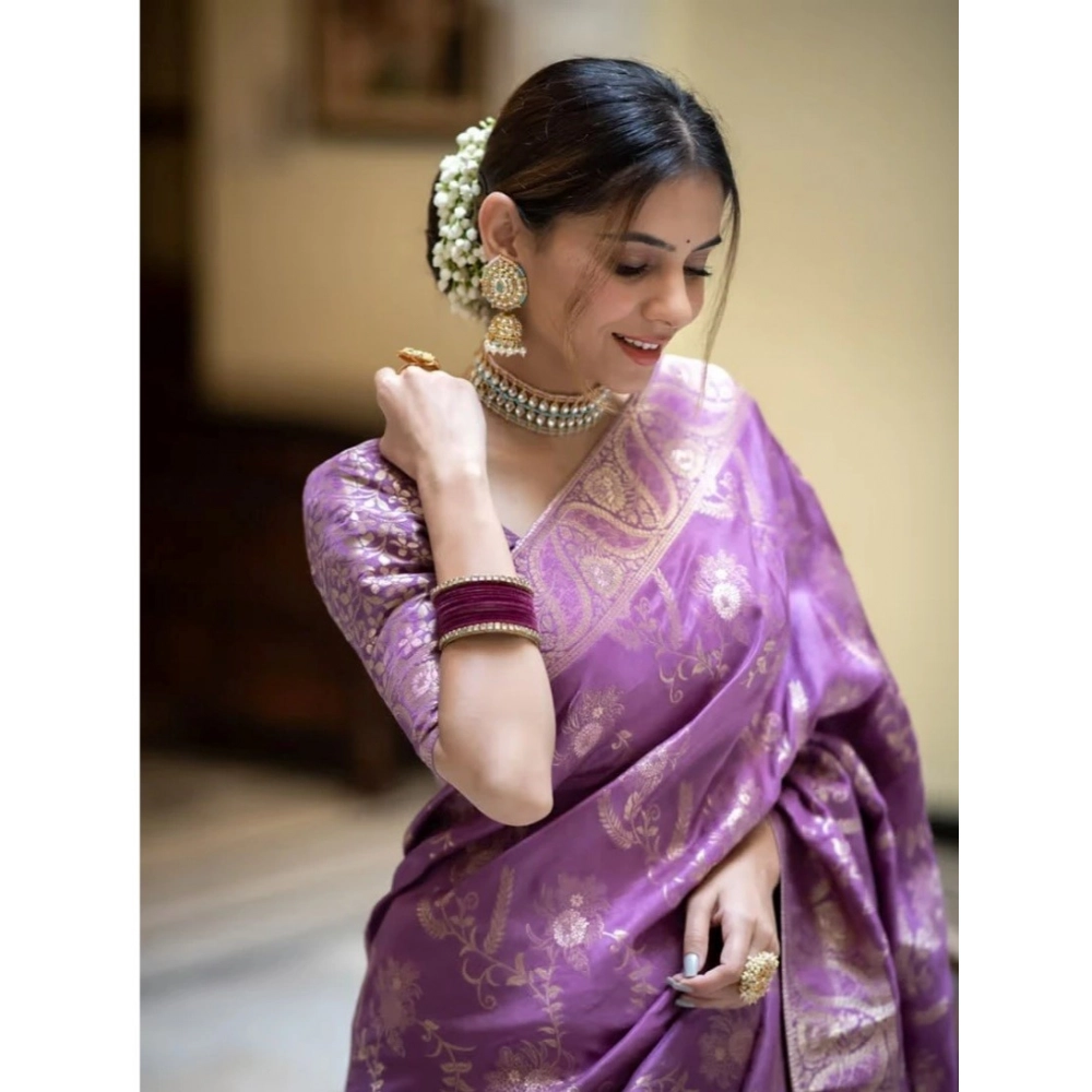 Women's Art Silk Embellished Kanjivaram Saree With Unstitched Blouse (5.5Mtr, Lavender) - Image 3