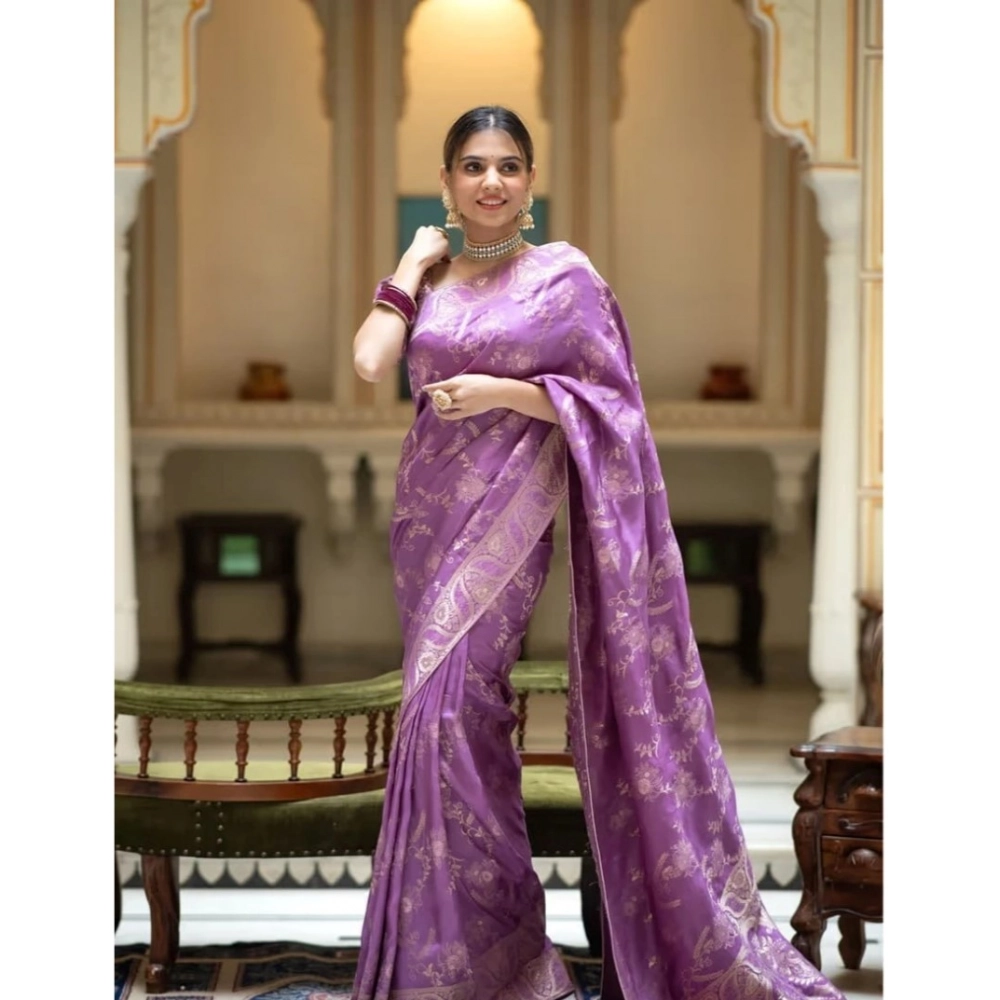 Women's Art Silk Embellished Kanjivaram Saree With Unstitched Blouse (5.5Mtr, Lavender) - Image 2