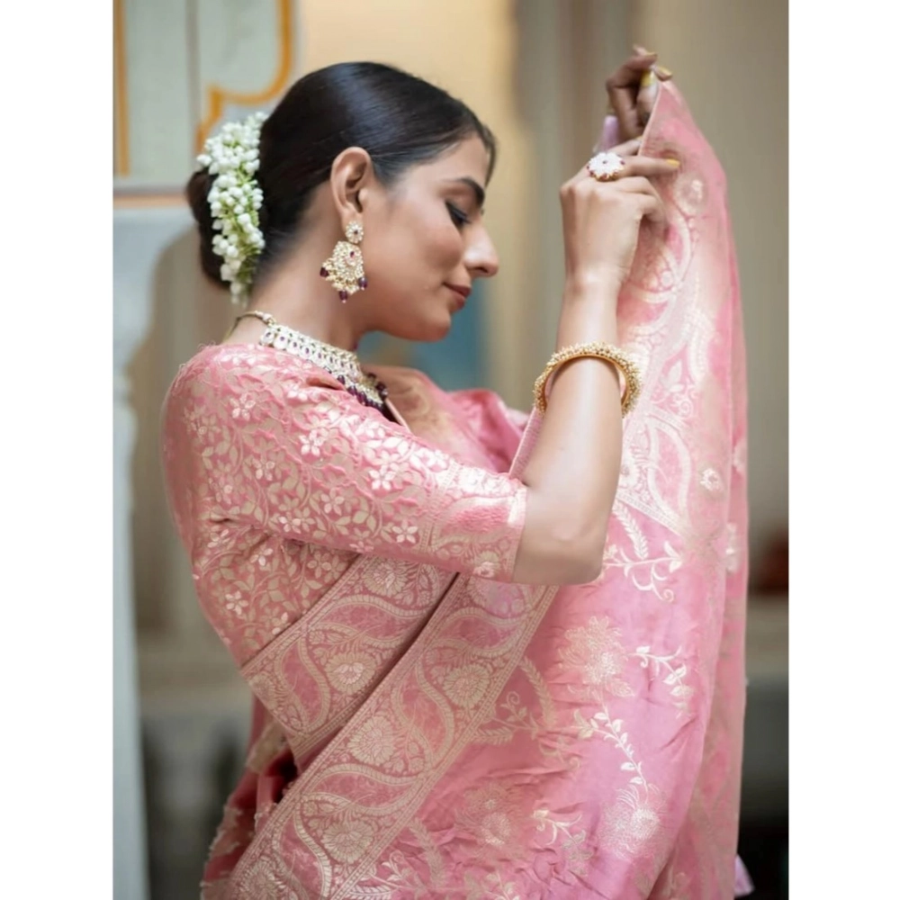Women's Art Silk Embellished Kanjivaram Saree With Unstitched Blouse (5.5Mtr, Peach) - Image 2