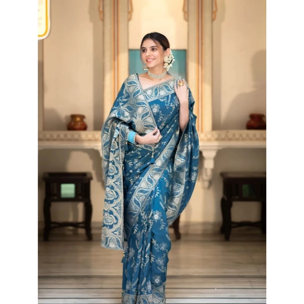 Women's Art Silk Embellished Kanjivaram Saree With Unstitched Blouse (5.5Mtr, Rama) - Image 2