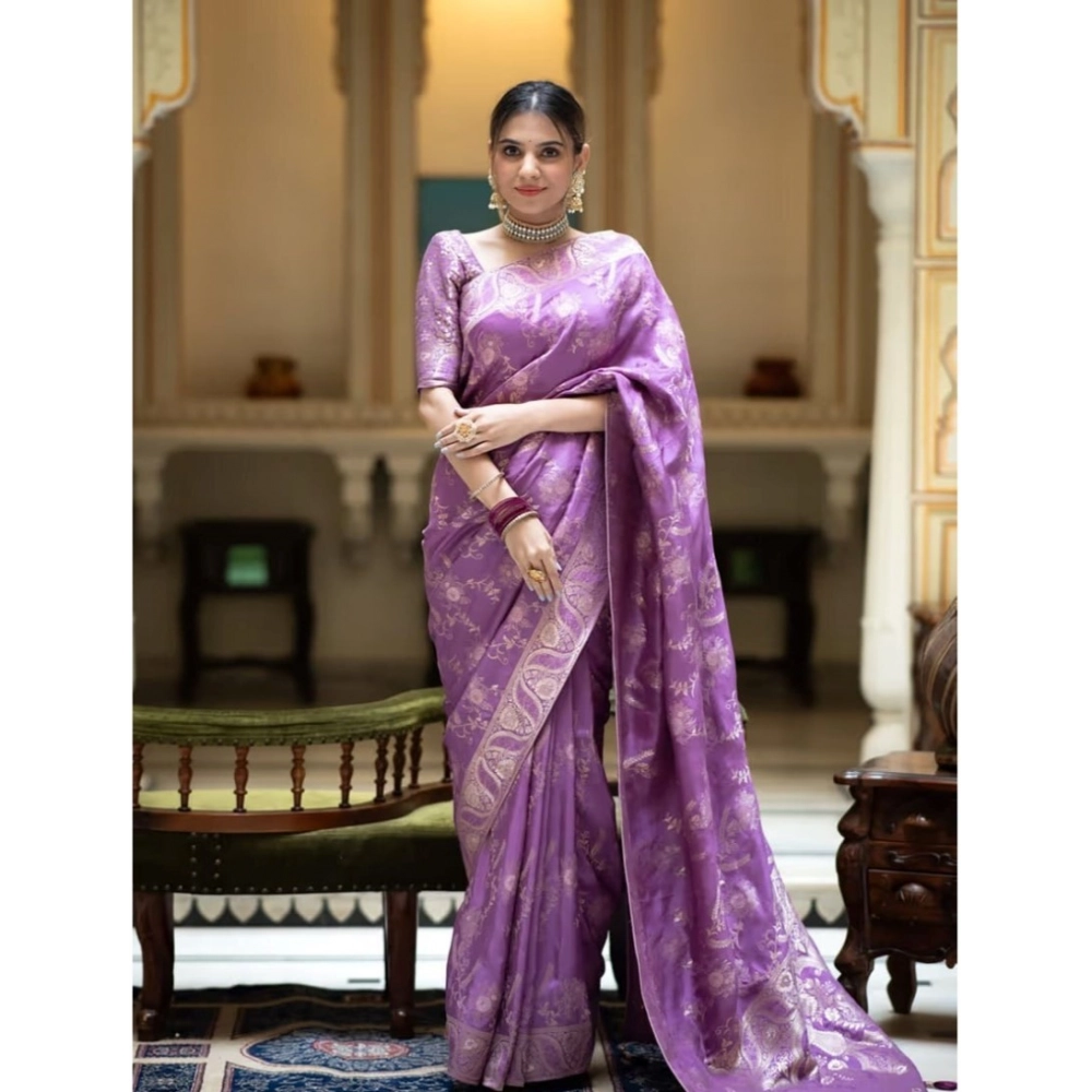 Women's Art Silk Embellished Kanjivaram Saree With Unstitched Blouse (5.5Mtr, Lavender)