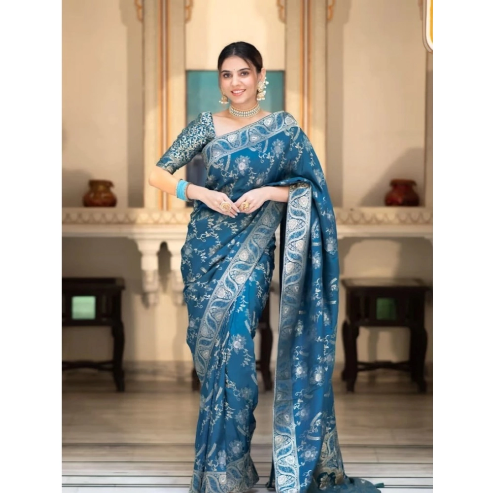 Women's Art Silk Embellished Kanjivaram Saree With Unstitched Blouse (5.5Mtr, Rama)